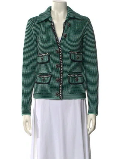 Pre-owned Self-portrait Striped V-neck Sweater W/ Tags In Green