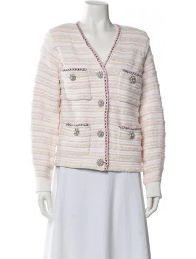 Pre-owned Self-portrait Striped V-neck Sweater In White