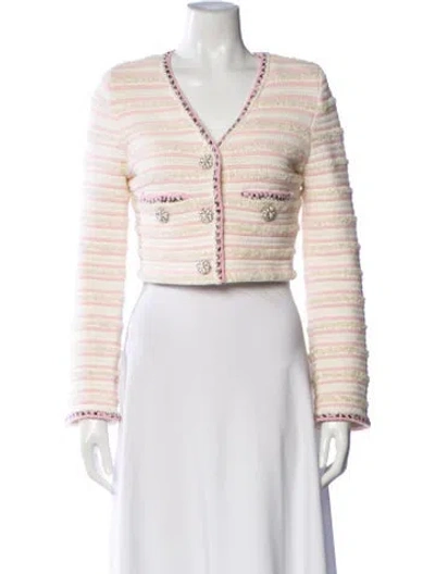 Pre-owned Self-portrait Striped V-neck Sweater In White