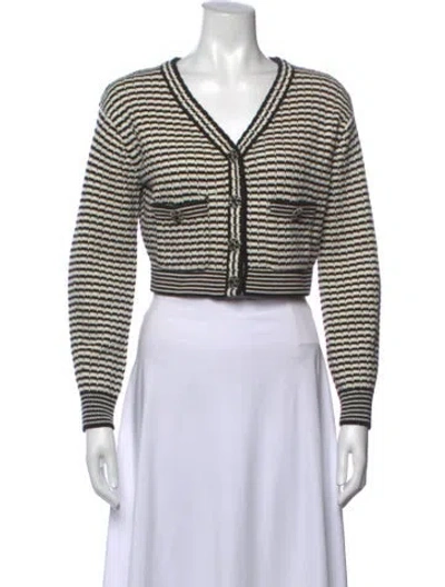 Pre-owned Self-portrait Striped V-neck Sweater In White