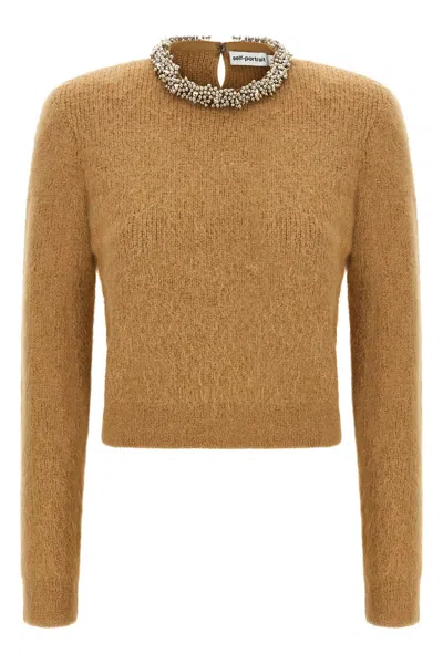 Self-portrait Sweater Jewel Embroidery Beaded Collar Cropped In Brown