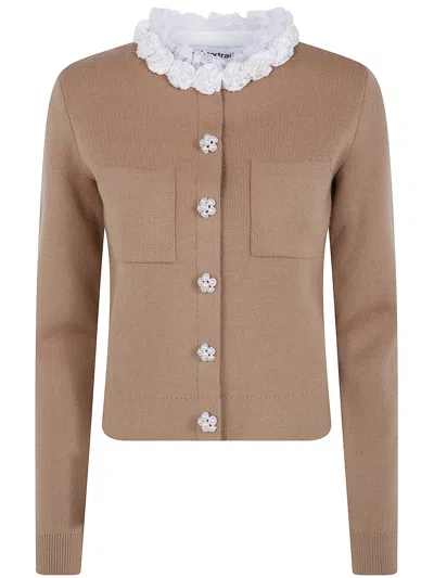 Self-portrait Sweater With Lace Detail "brown Embellished Knit Cardiga