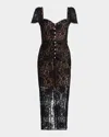 Self-portrait Belted Embellished Cotton-blend Lace Midi Dress In Black