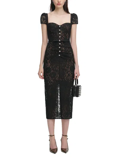Self-portrait Sweetheart Lace Midi Dress With Puff Sleeves In Black
