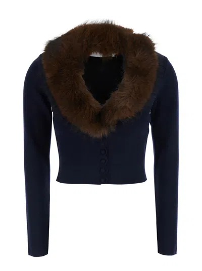 Self-portrait Synthetic Fur Trim Cardigan In Navy