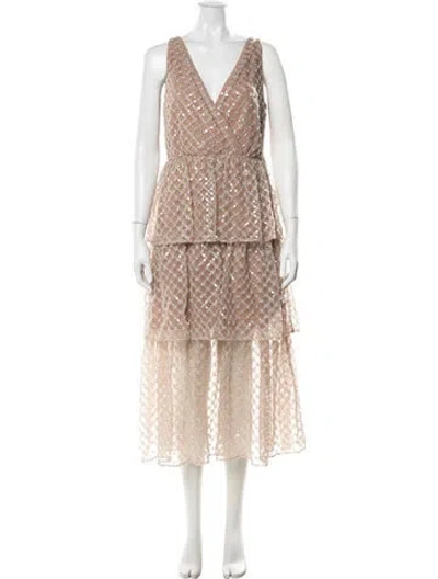 Pre-owned Self-portrait Tan Grid Sequin Tiered Midi Dress Midi Length Dress In Neutral