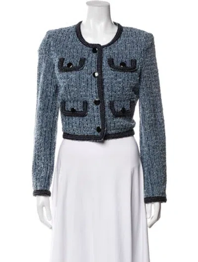 Pre-owned Self-portrait Tape Knit Cardigan Jacket In Blue