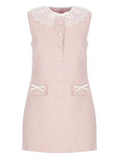 Self-portrait Textured Boucle Mini Dress With Lace Collar And Bow Accents In Gray