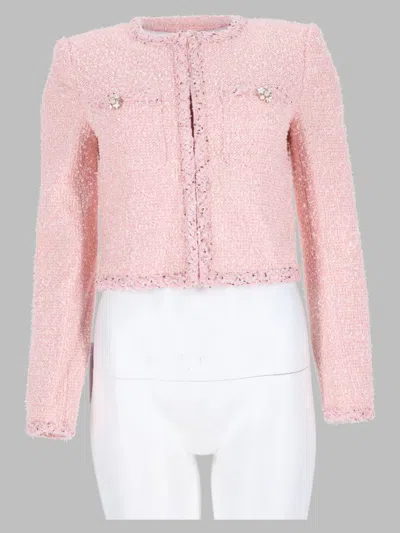 Self-portrait Textured Cropped Bouclé Jacket In Pink