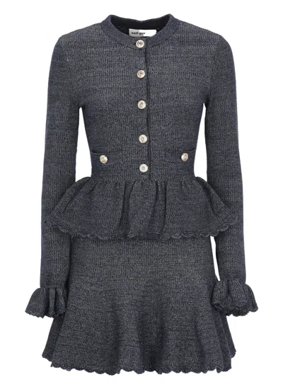 Self-portrait Textured Knit Midi Dress With Ruffled Cuffs And Flared Skirt In Grey
