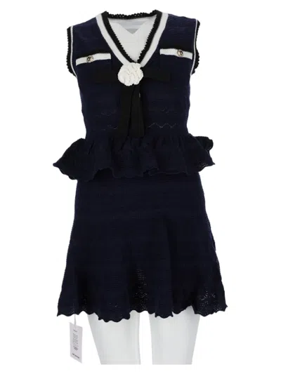 Self-portrait Textured Knit Mini Dress With Ruffled Peplum And Bow Detail In Black
