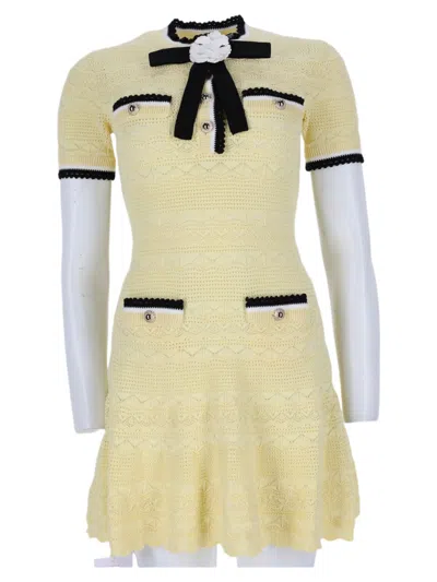 Self-portrait Textured Knitted Mini Dress With Decorative Trim And Bow In Yellow