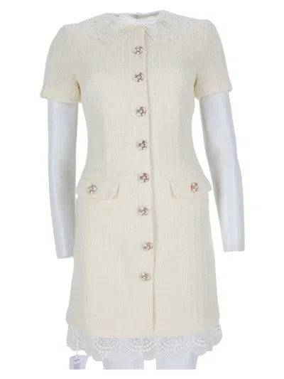 Self-portrait Textured Mini Dress With Lace Trim And Buttoned Front In Neutral