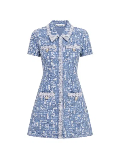 Self-portrait Textured Pearl-embellished Mini Dress In Blue