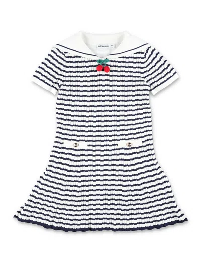 Self-portrait Textured Pointelle Sailor Knit Dress With Cherry Appliqué & Button Detail In Cream Blue