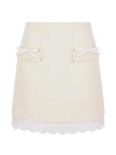 Self-portrait Textured Tweed Mini Skirt With Lace Hem In Pink