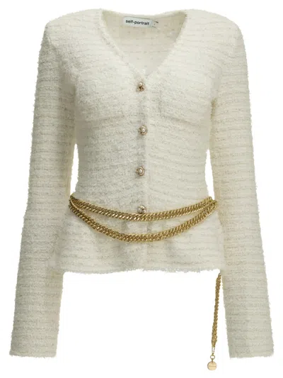 Self-portrait Textured-knit Cardigan In Neutral