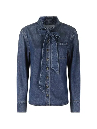 Self-portrait Tie-neck Denim Shirt In Blue