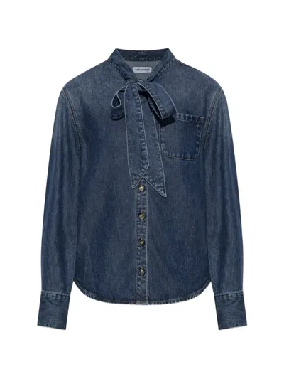 Self-portrait Tie-neck Denim Shirt In Blue