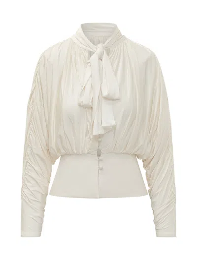 Self-portrait Tie-neck T-shirt Top In Cream