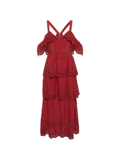 Pre-owned Self-portrait Tiered Lace Maxi Dress In Red