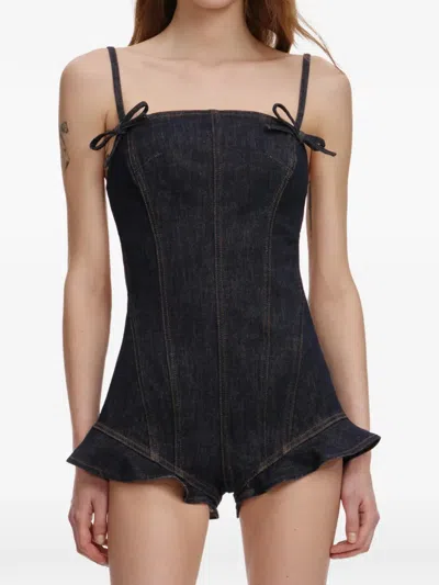 Self-portrait Tie-strap Ruffled Playsuit In Blue