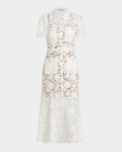 Self-portrait Tie-waist Lace A-line Midi Shirtdress In White