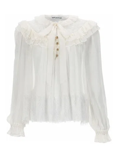 Self-portrait Neutrals Georgette Ruffled Collar Bow Tie Blouse In White