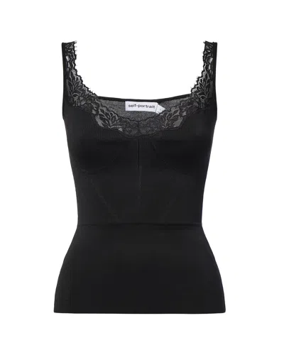 Self-portrait Sweetheart Neckline Lace Trim Ribbed Knit Top In Black