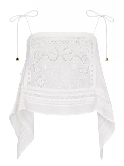 Self-portrait Asymmetrical Sheer Overlay Embroidered Top In White
