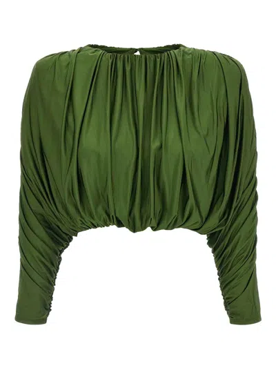Self-portrait Olive Ruched Viscose-blend Cropped Top In Green
