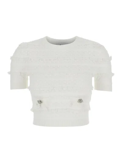 Self-portrait Top White Pointelle Knit With Short Sleeves In White Women