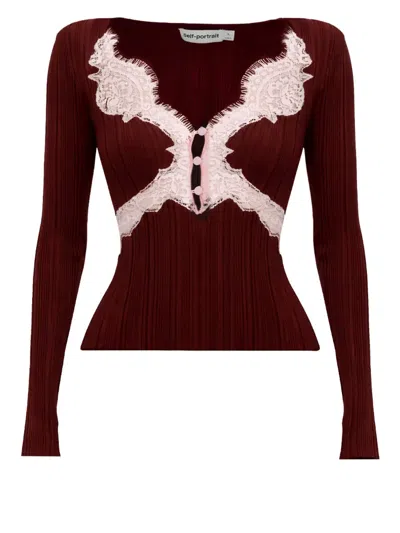 Self-portrait Top With Lace Details In Burgundy