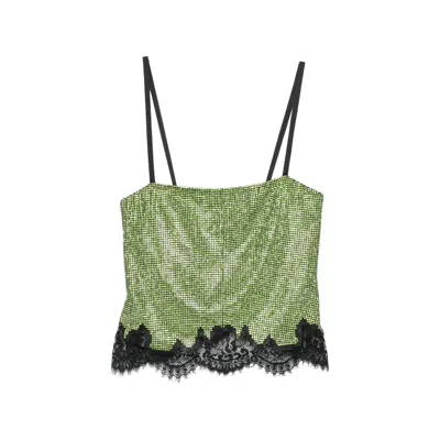Self-portrait Rhinestone-embellished Lace-trim Top In Green