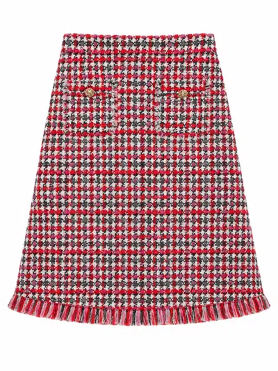Self-portrait Tweed A-line Skirt With Fringe Hem In Red