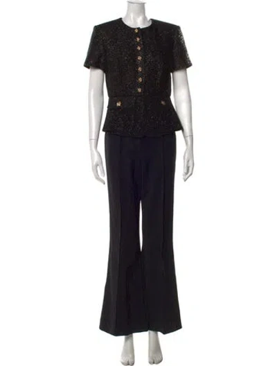Pre-owned Self-portrait Tweed Pattern Crew Neck Jumpsuit In Black