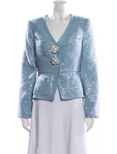 Pre-owned Self-portrait Tweed Pattern Jacket W/ Tags In Blue