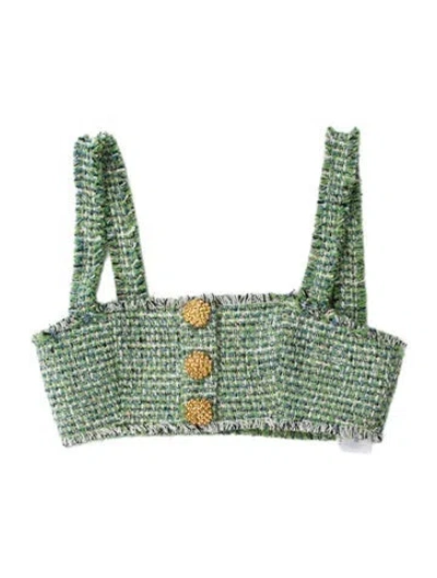 Pre-owned Self-portrait Tweed Pattern Square Neckline Crop Top In Green