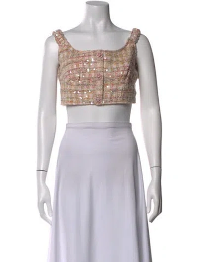 Pre-owned Self-portrait Tweed Pattern Square Neckline Crop Top In Pink