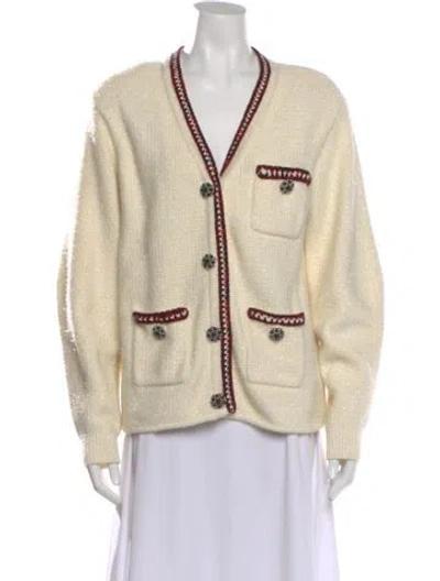 Pre-owned Self-portrait Tweed Pattern V-neck Sweater In White