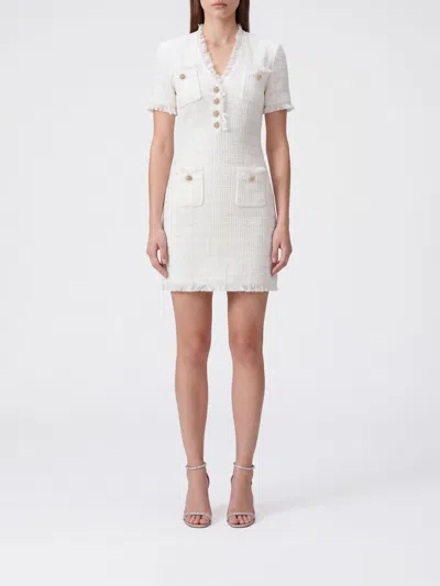 Self-portrait Tweed V-neck Sheath Mini Dress With Fringed Hem In White