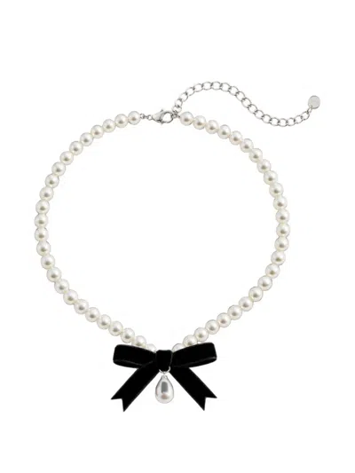 Self-portrait Velvet Bow-pendant Faux-pearl Necklace In White
