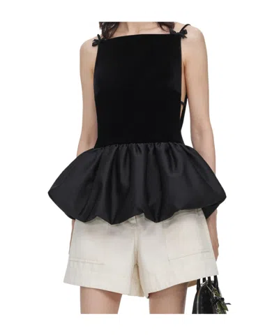Self-portrait Bow-detailed Peplum Satin-trimmed Velvet Top In Black