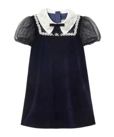 Self-portrait Velvet Tulle Flower Trim Dres In Blue