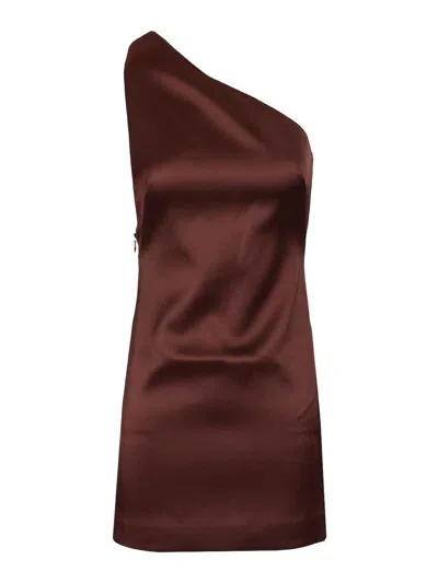 Self-portrait One-shoulder Satin Mini Dress In Brown