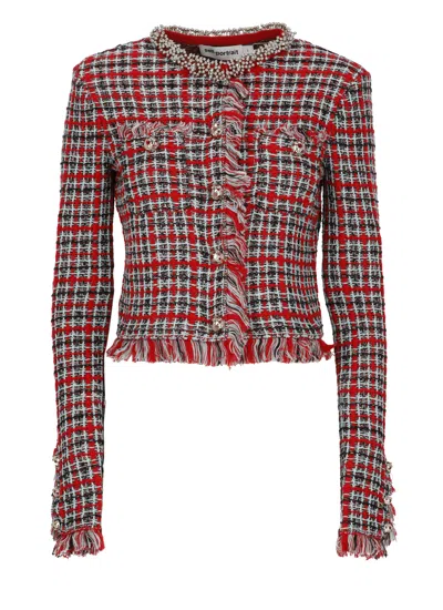 Self-portrait Vibrant Checkered Jacket With Fringed Edges And Jeweled Accents In Multi