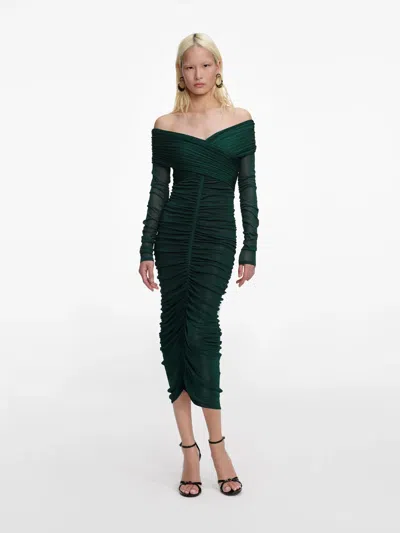 Self-portrait Viscose Midi Dress With Off-the-shoulder Bardot Neckline And Gathered Detail In Green