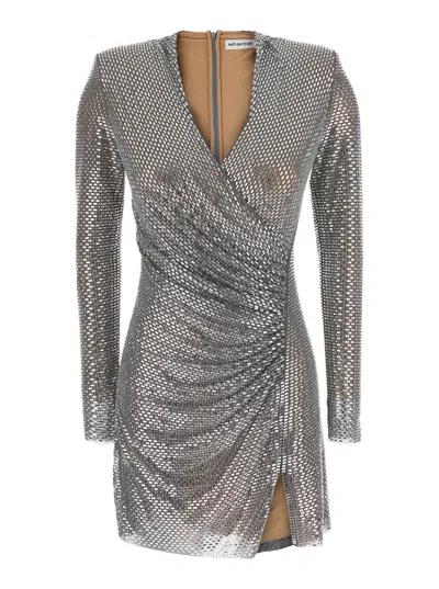Self-portrait V-neck Draped Tech Fabric Dress With Jewel Detailing In Gray