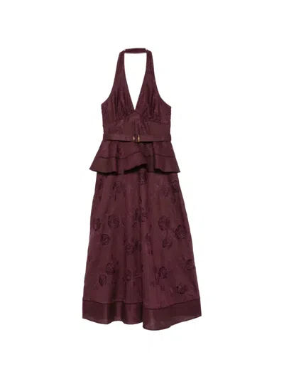 Self-portrait V-neck Embroidered Midi Dress In Burgundy