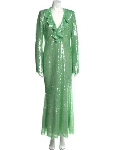 Pre-owned Self-portrait V-neck Long Dress In Green